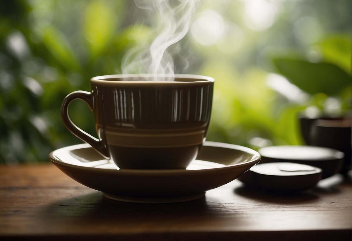 A steaming cup of hojicha sits on a wooden table, surrounded by calming greenery. The warm, earthy aroma fills the air