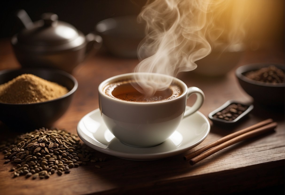 A steaming cup of hojicha sits on a wooden table, surrounded by various culinary tools and ingredients. The rich, earthy aroma fills the air