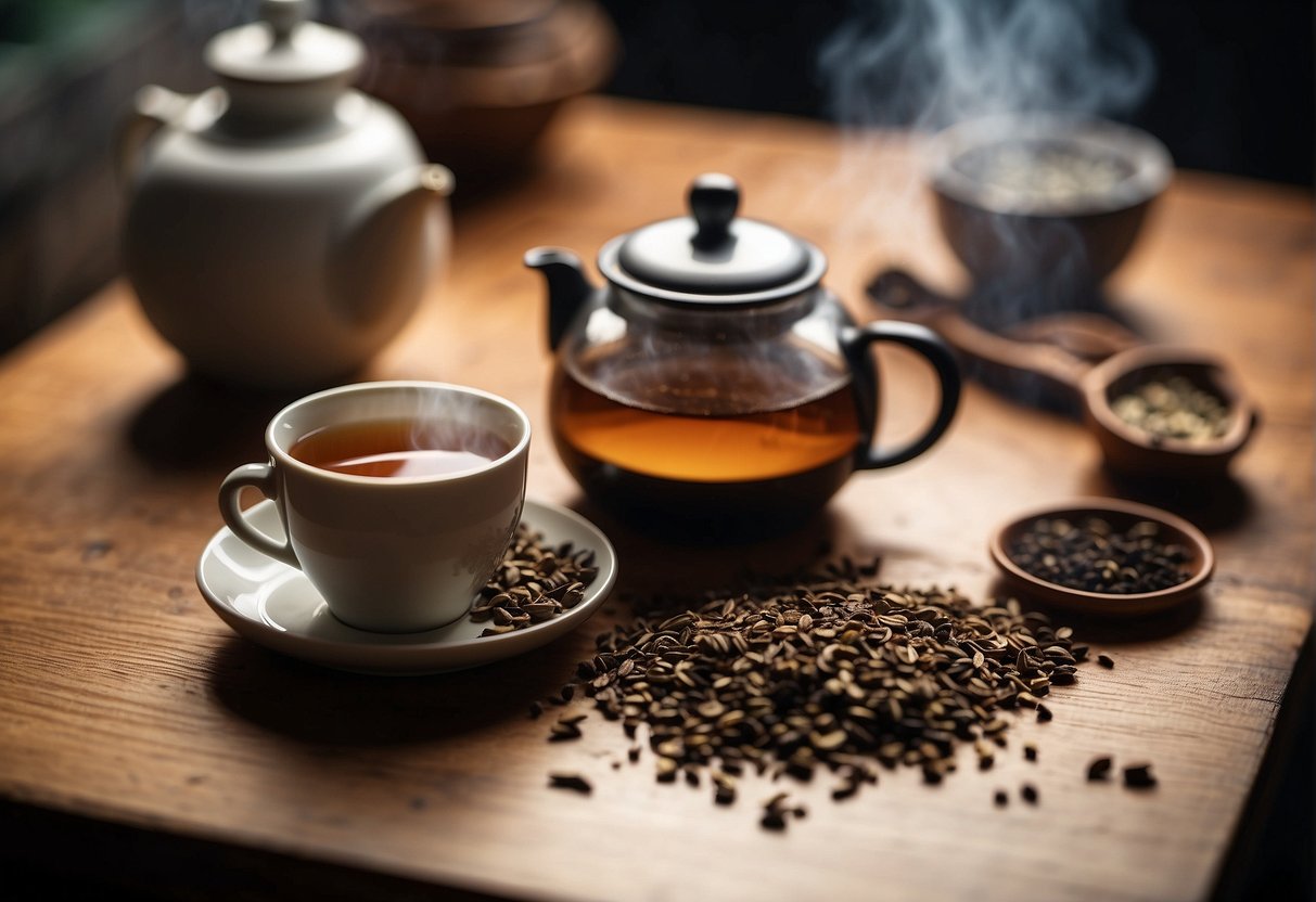 A steaming cup of hojicha sits on a wooden table, surrounded by scattered loose tea leaves and a small teapot