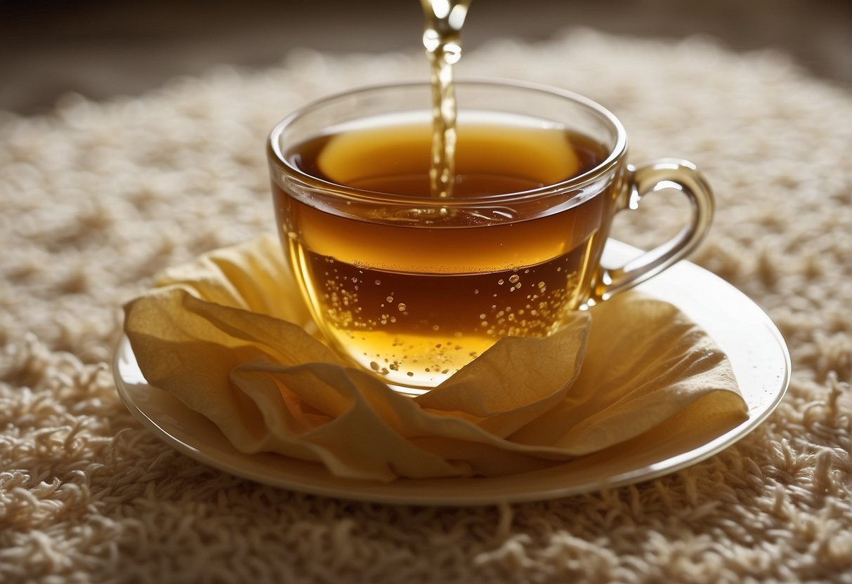 A spilled cup of tea on a light-colored carpet. A person blotting the stain with a clean cloth and then applying a mixture of white vinegar and water to the affected area