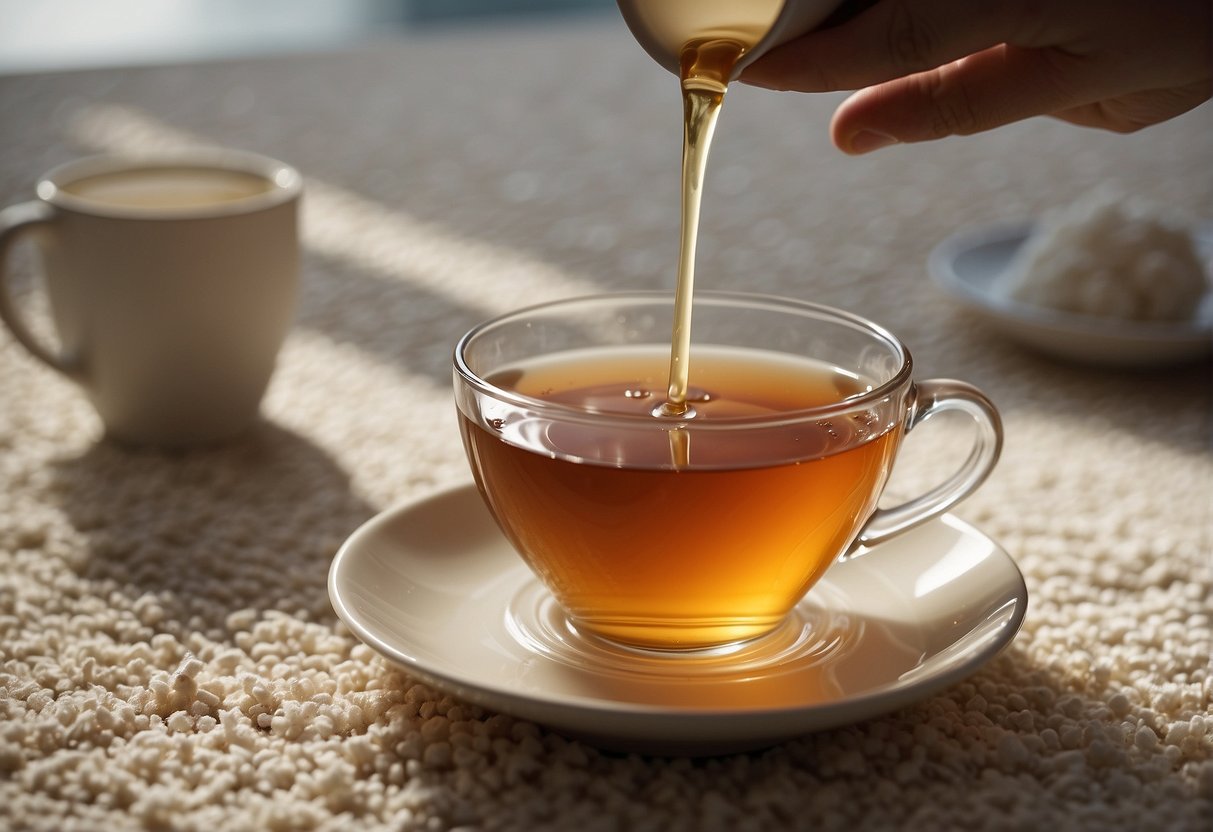 A spilled cup of tea on a light-colored carpet. A person using natural stain removal solutions to lift the tea stain, with a bowl of baking soda and vinegar nearby