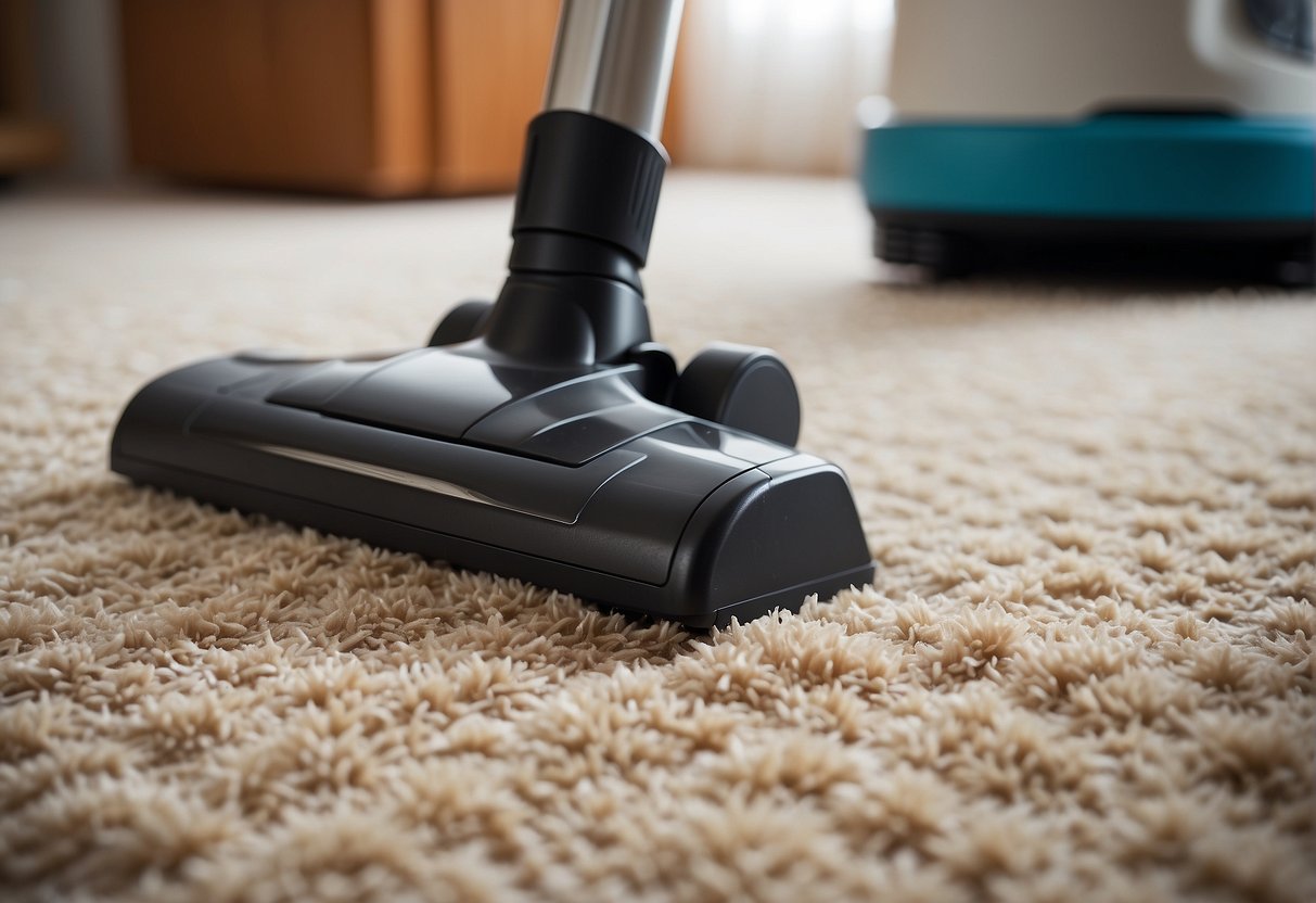 A carpet with a tea stain being treated with cleaning solution and a scrub brush, with a vacuum cleaner nearby