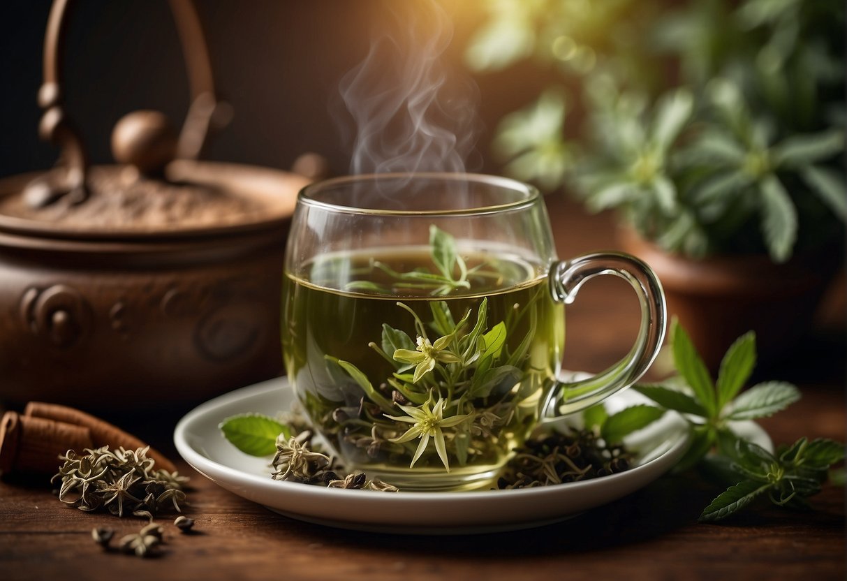 A steaming cup of herbal tea sits next to a liver and kidney, symbolizing detoxification and health