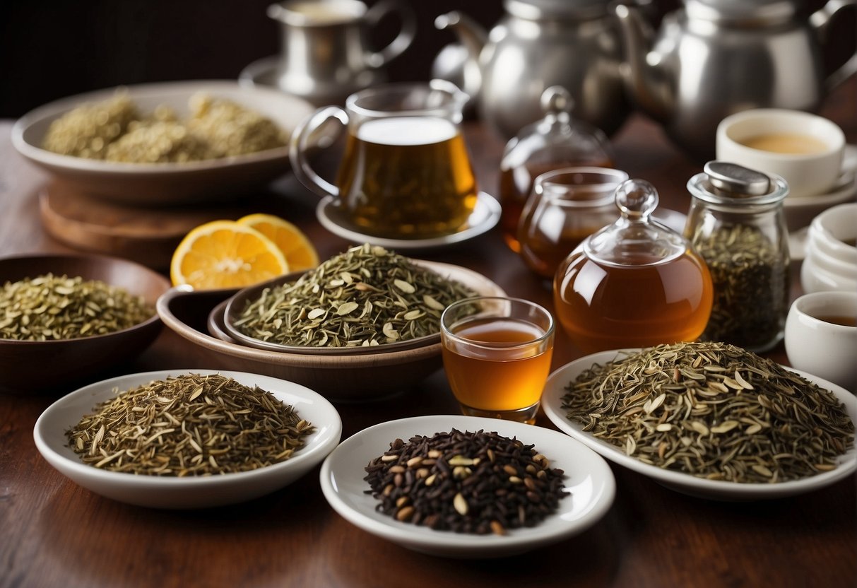 A table with various types of tea, labeled for liver and kidney health