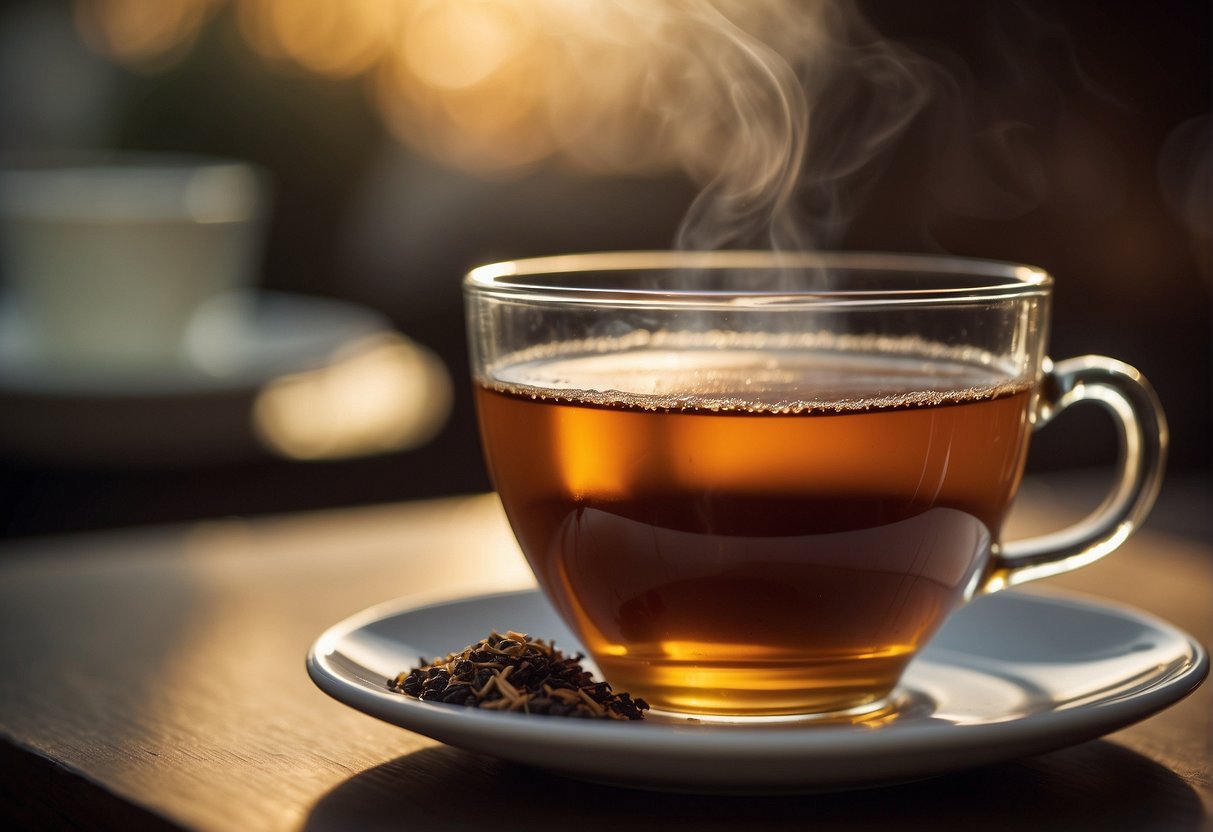 A steaming cup of English breakfast tea sits on a saucer, emitting a rich aroma of malty, robust black tea. The deep amber liquid exudes a smooth, full-bodied flavor with hints of honey and a subtle astringency