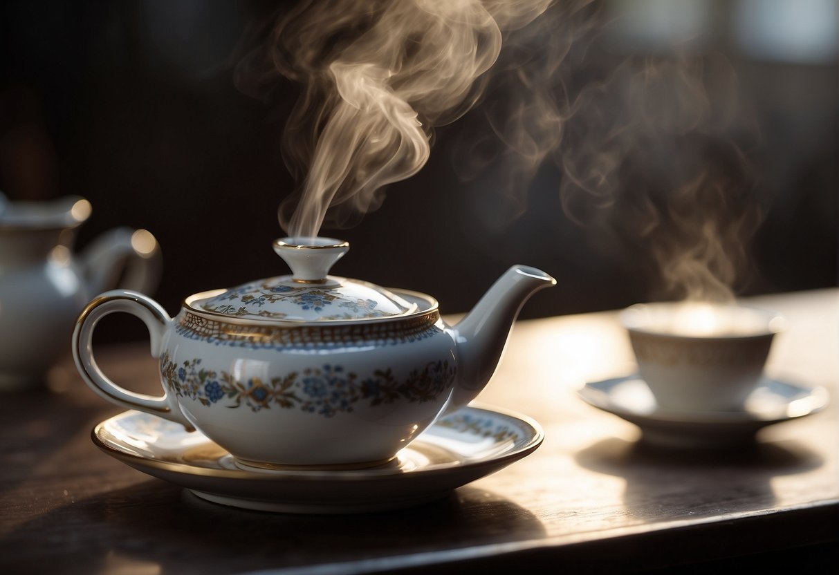 A steaming teapot pours dark, fragrant English breakfast tea into a delicate porcelain cup, releasing a rich, malty aroma