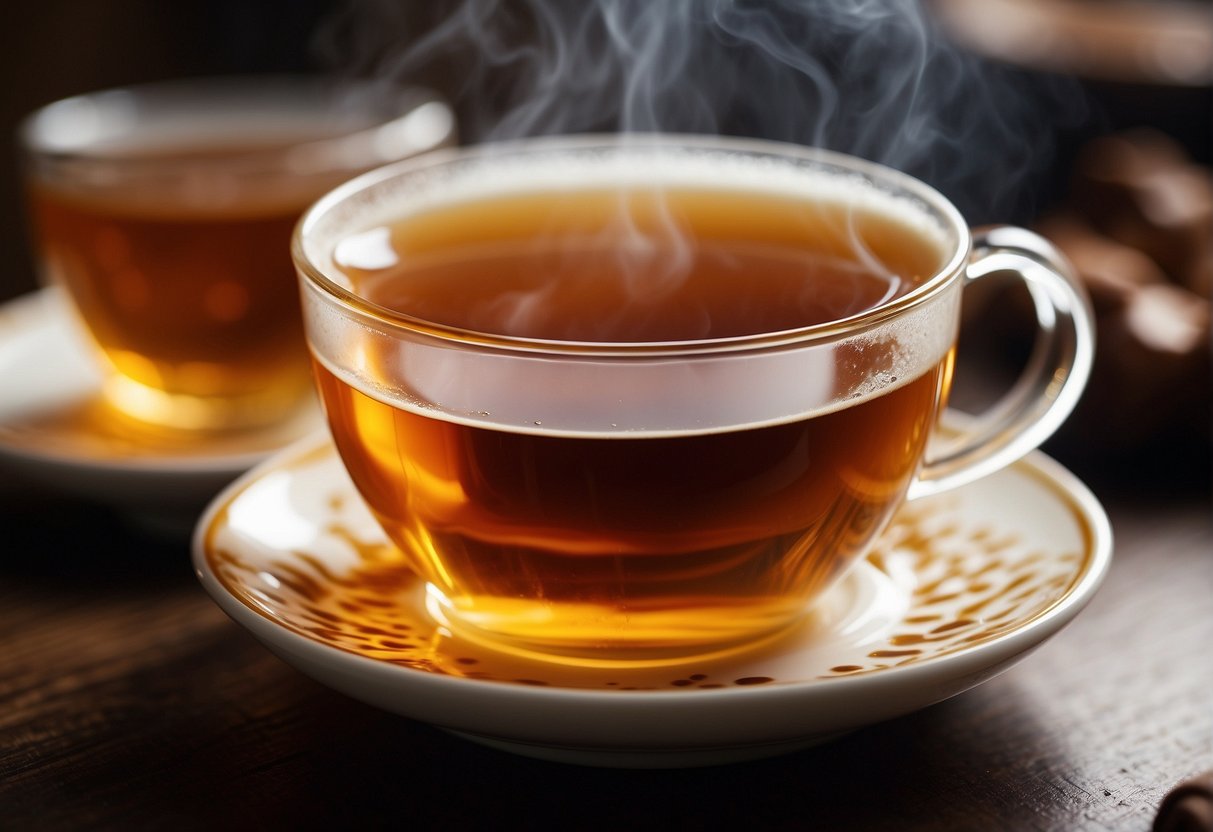 A steaming cup of English breakfast tea sits on a saucer, emitting a rich aroma. The deep amber liquid swirls as steam rises from the surface
