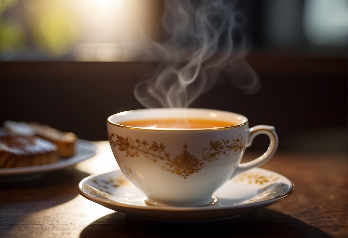 A steaming cup of English breakfast tea sits on a saucer, emitting a rich aroma of malty and robust flavors, with a hint of honey and a smooth, comforting finish