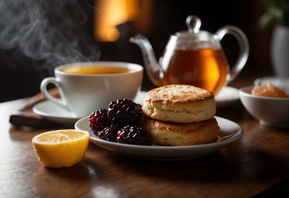 English breakfast tea: bold, malty, and slightly astringent. Dark amber in color, steam rising from the cup. A plate of scones and jam beside it