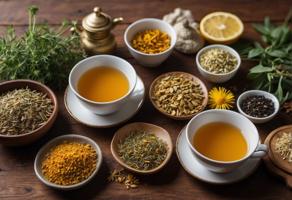 A variety of herbal teas displayed on a rustic wooden table, with ingredients like ginger, turmeric, and dandelion known for their lymphatic support properties