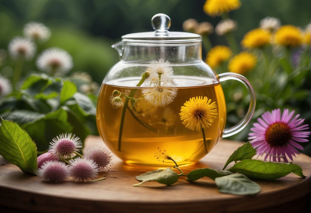 A collection of herbal tea bags, including dandelion, ginger, and echinacea, arranged next to a clear glass teapot with steam rising, surrounded by vibrant green leaves and flowers
