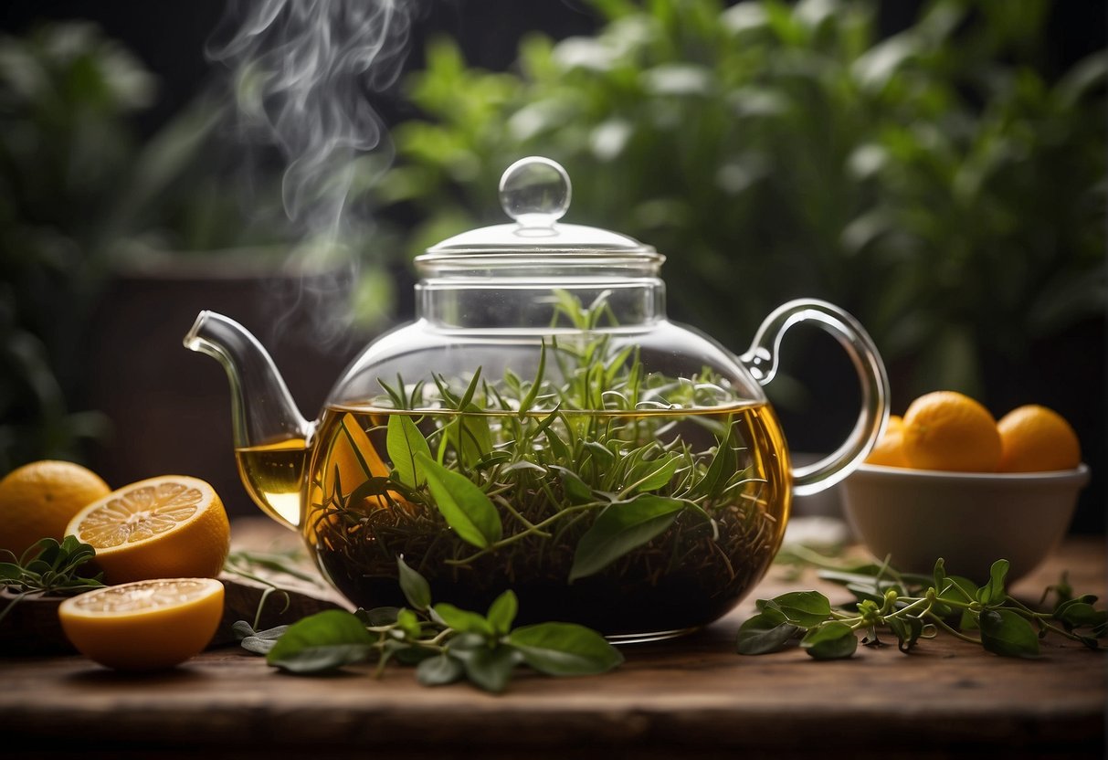 A teapot steams as loose tea leaves are steeped in hot water, surrounded by various herbs and fruits known for their lymphatic drainage benefits