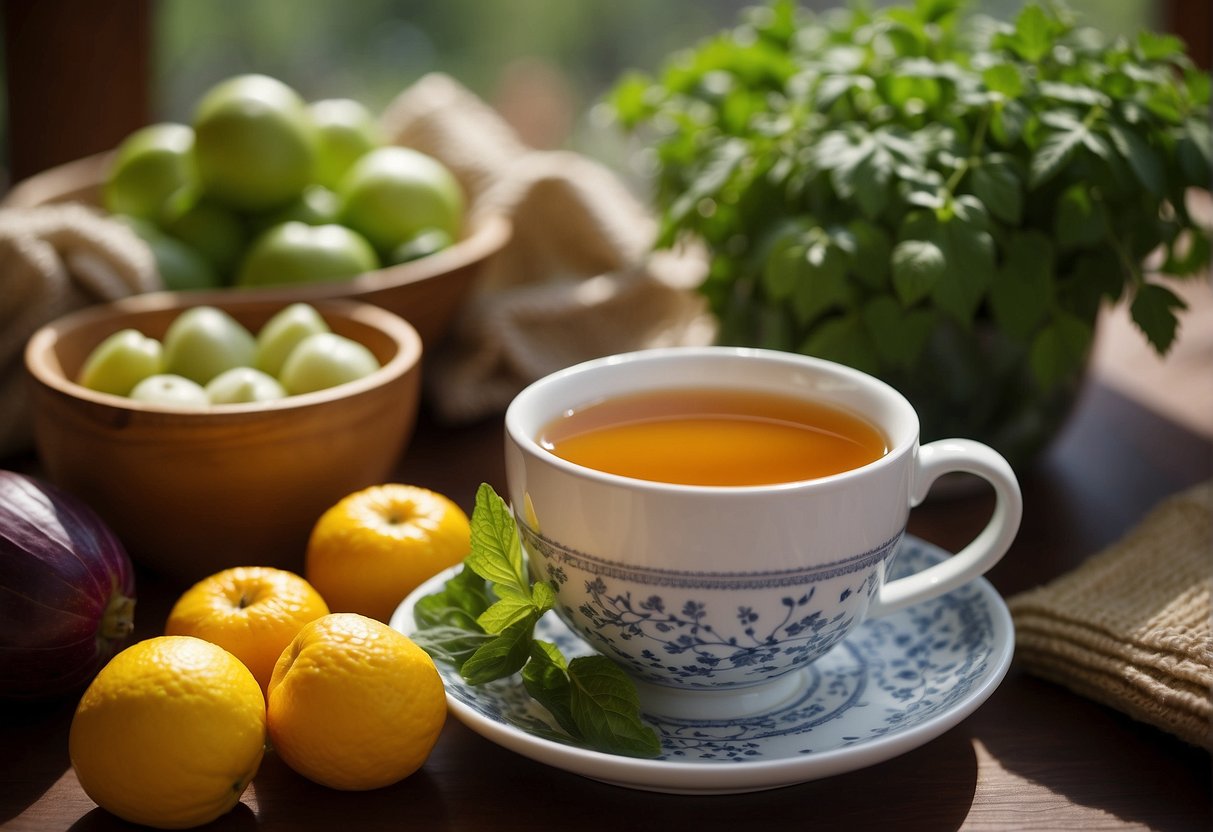 A serene setting with a cup of herbal tea surrounded by fresh fruits and vegetables, symbolizing a healthy lifestyle and dietary choices for lymphatic drainage