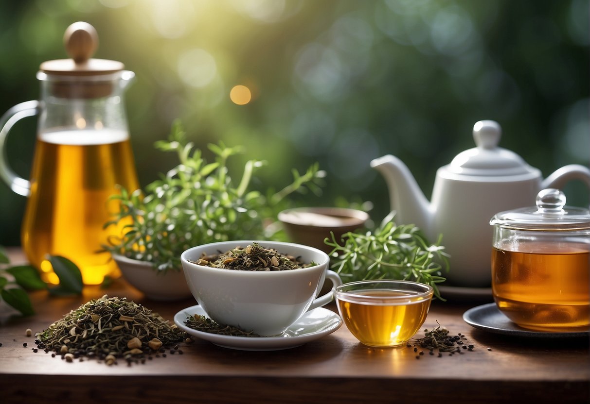 A variety of teas and herbs arranged in a natural setting, with a clear focus on ingredients known for their lymphatic drainage benefits