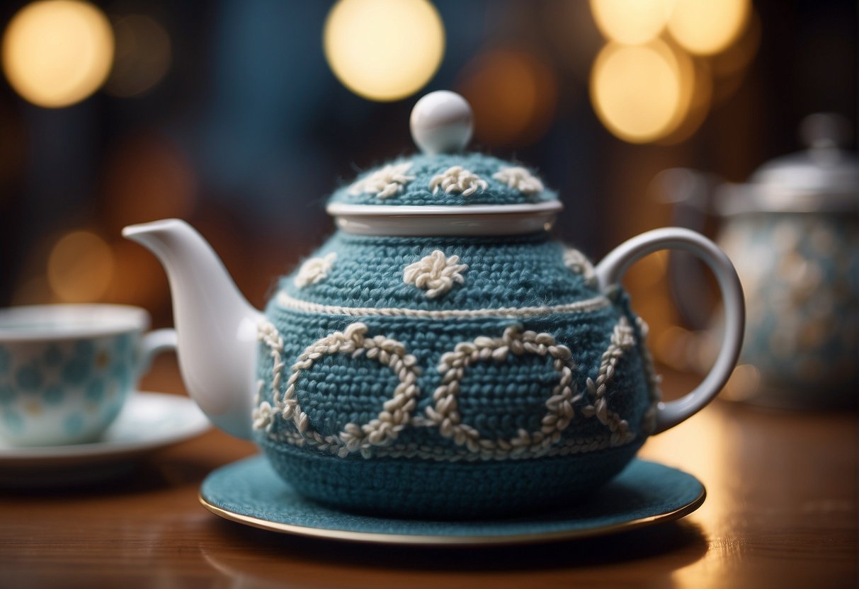 A tea cozy sits atop a steaming teapot, keeping the brew warm. Its intricate knitted pattern reflects the historical significance of cozying up with a comforting cup of tea