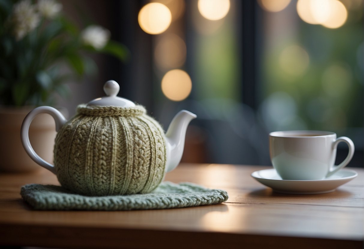 A teapot sits on a table, wrapped snugly in a knitted tea cozy. The cozy features a simple, elegant design with intricate stitching and a charming color palette