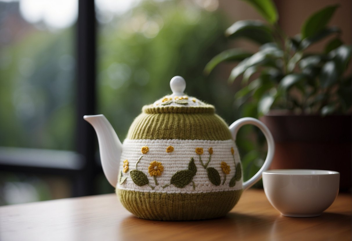 A tea cozy snugly covers a teapot, keeping the tea warm for longer periods of time
