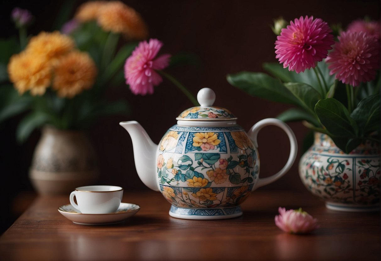 A tea cozy sits on a teapot, adorned with traditional patterns and colors, representing the cultural impact of tea ceremonies and the importance of keeping tea warm