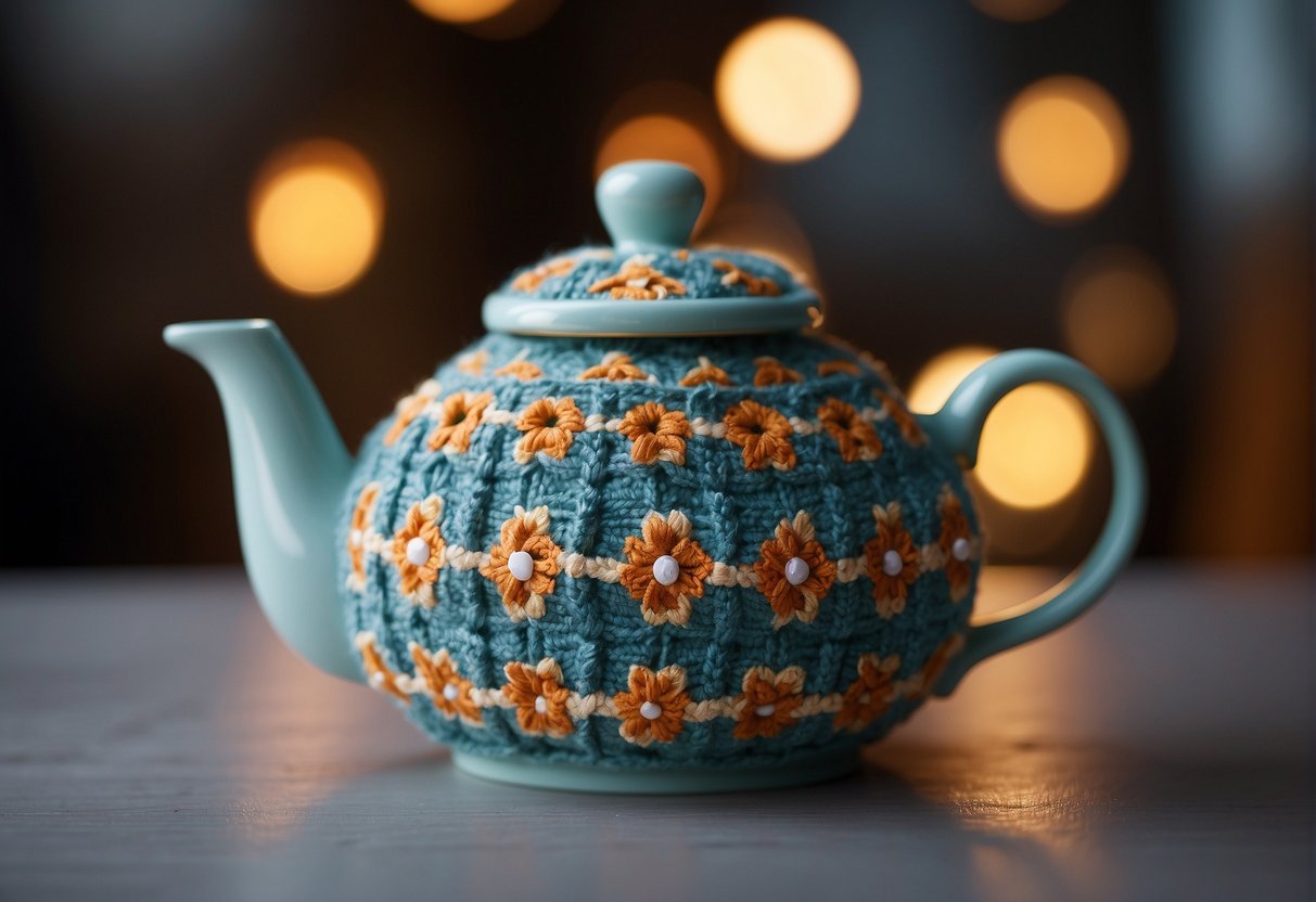 A tea cozy sits snugly over a teapot, keeping it warm. It is made of fabric, often with a decorative pattern, and has a loop or handle for easy removal