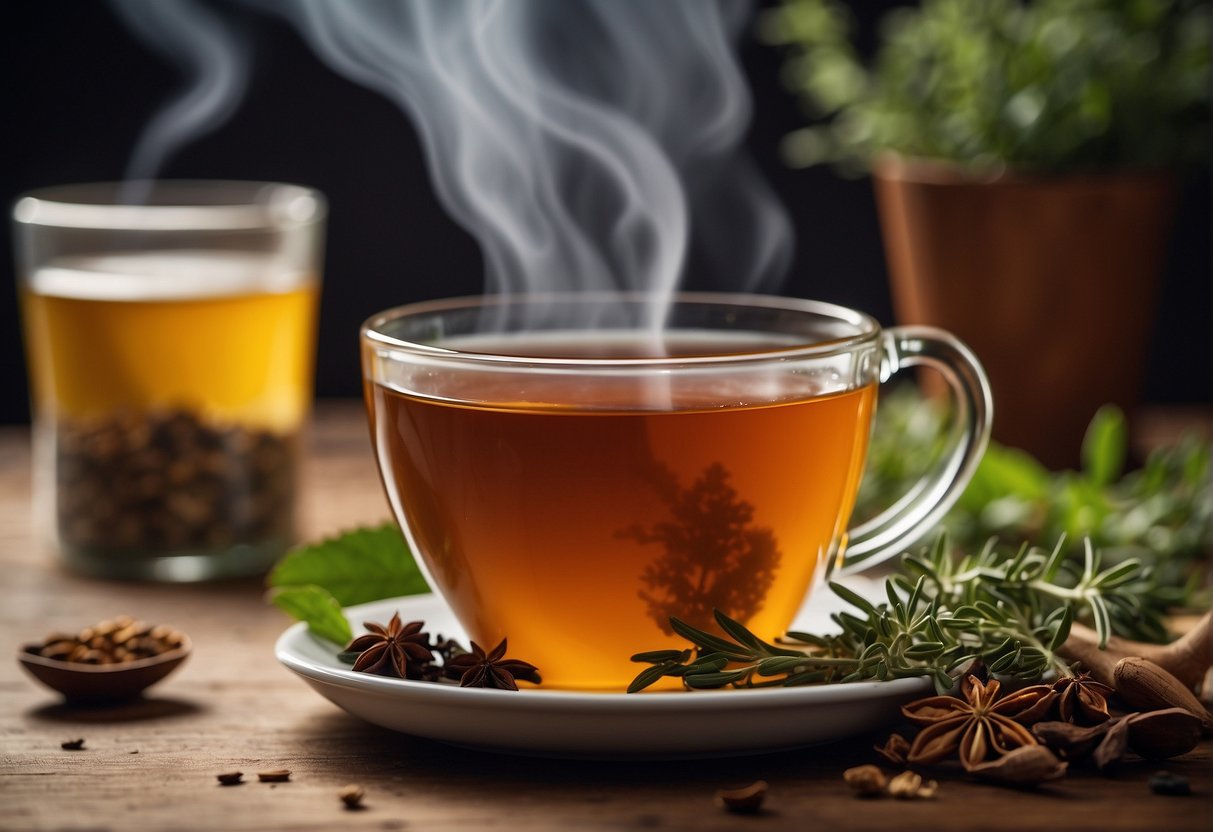 A steaming cup of tea sits on a table, surrounded by a variety of herbs and spices. A gentle wisp of steam rises from the cup, creating a warm and inviting atmosphere