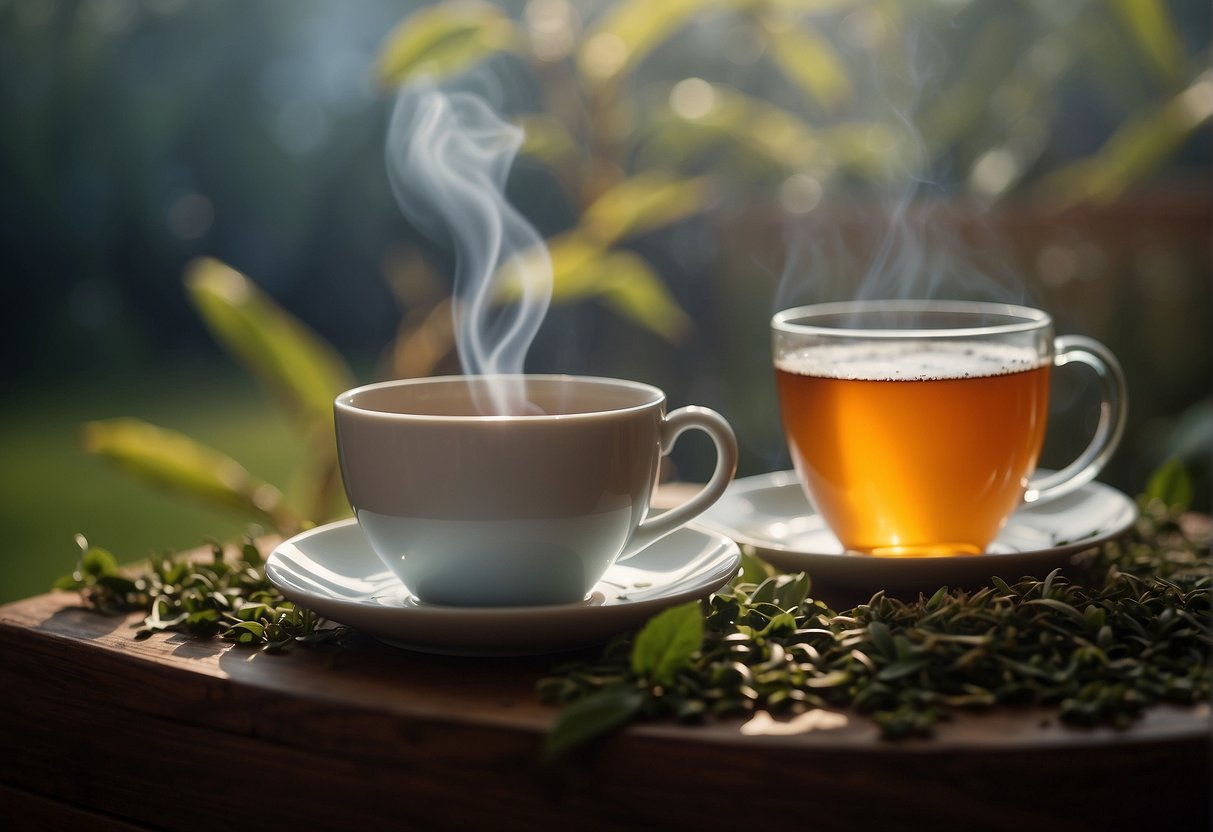 A steaming cup of tea surrounded by scattered tea leaves and a cozy, inviting atmosphere
