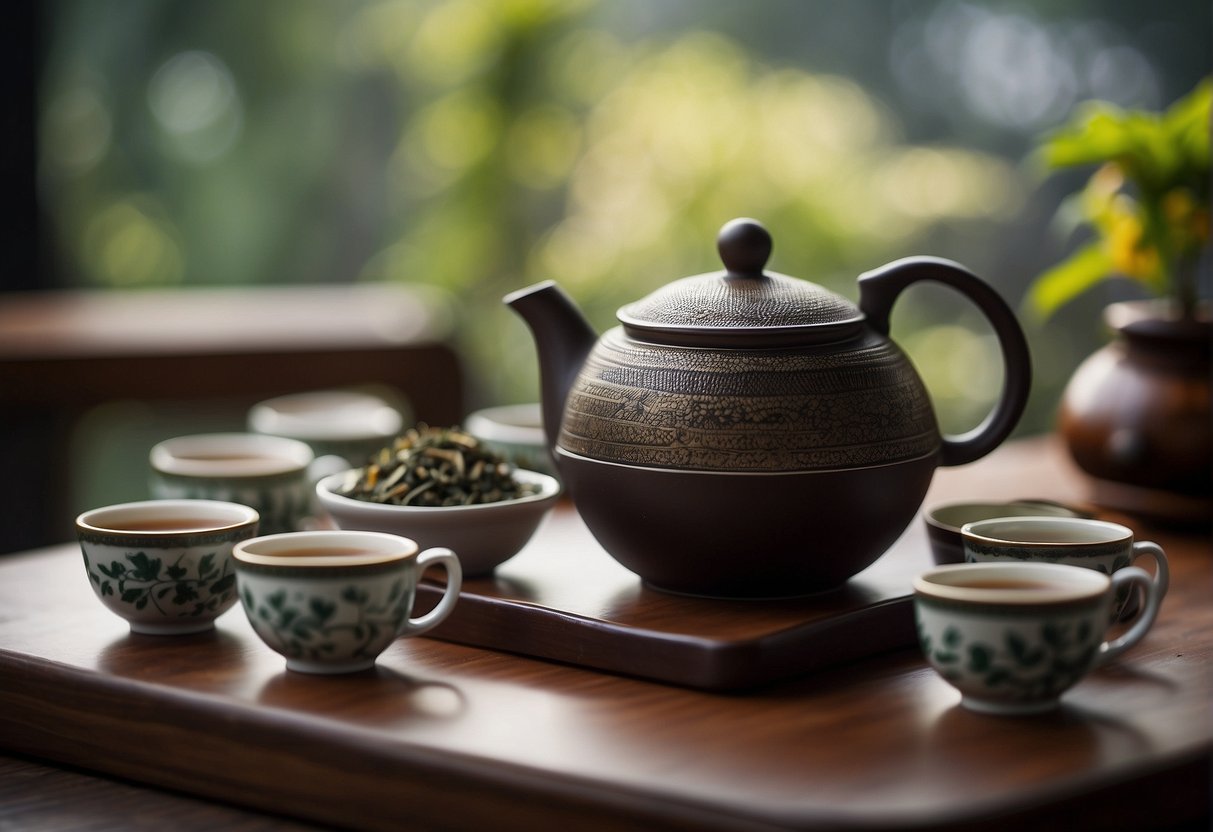 A table with various types of Pu Erh tea leaves, a teapot, and cups arranged for a tea ceremony