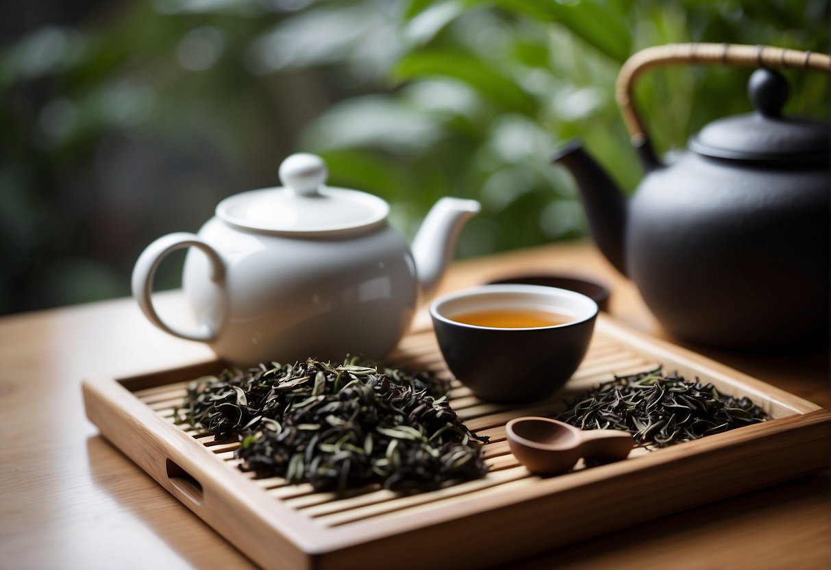 A tea set with a clay teapot, small cups, and a bamboo tea tray. A pile of compressed pu erh tea leaves and a kettle of hot water