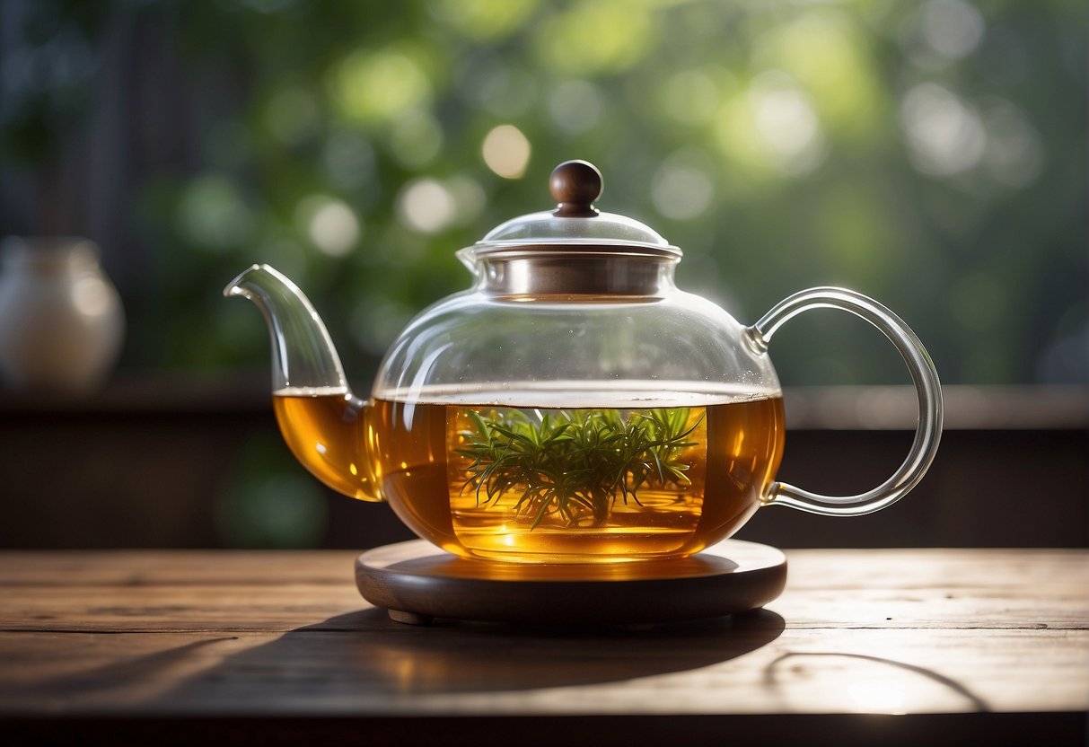 A clear glass teapot sits on a wooden table. Steam rises from the hot water as loose pu erh tea leaves swirl inside. A thermometer floats in the water, displaying the perfect temperature for brewing