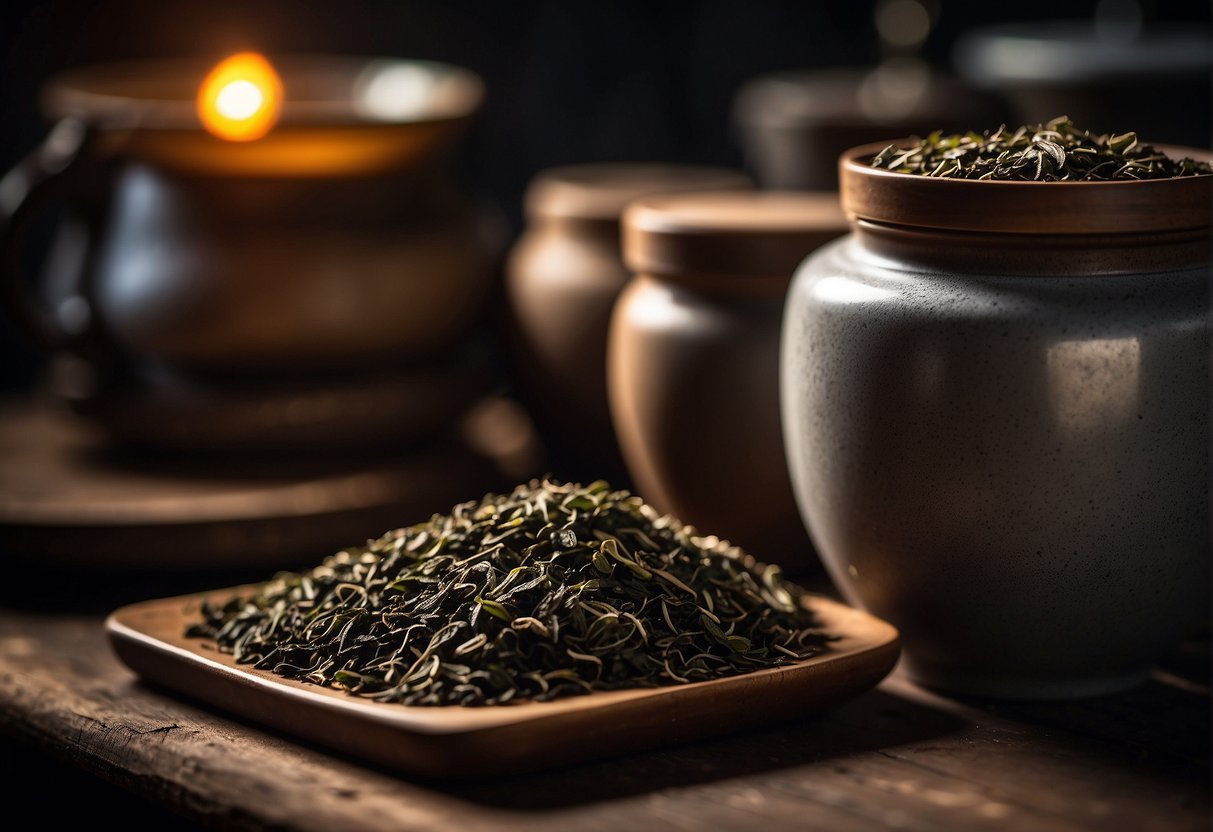 Pu Erh tea leaves stored in a dark, dry environment for aging. Aged tea stored in porous containers to allow for proper air circulation