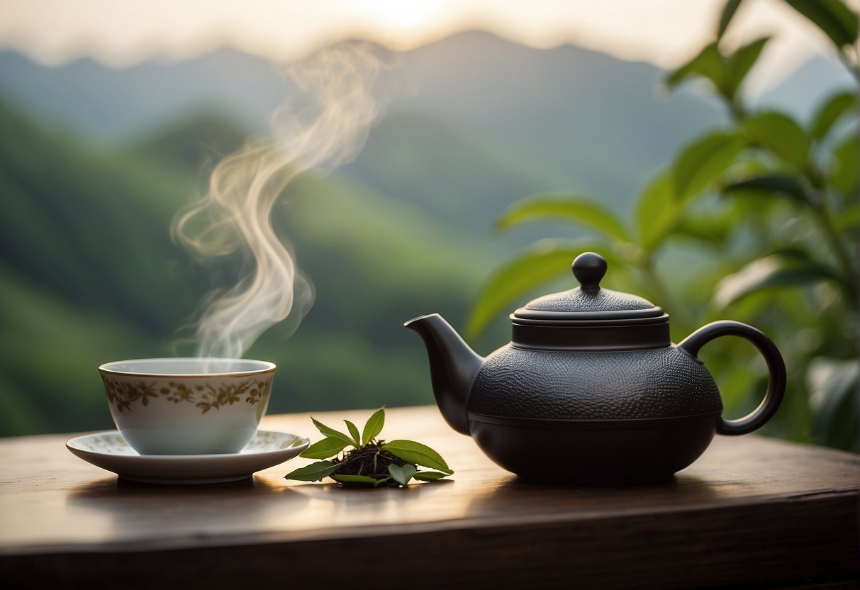 A steaming cup of pu-erh tea surrounded by fresh tea leaves and a teapot, with a backdrop of a serene and peaceful environment