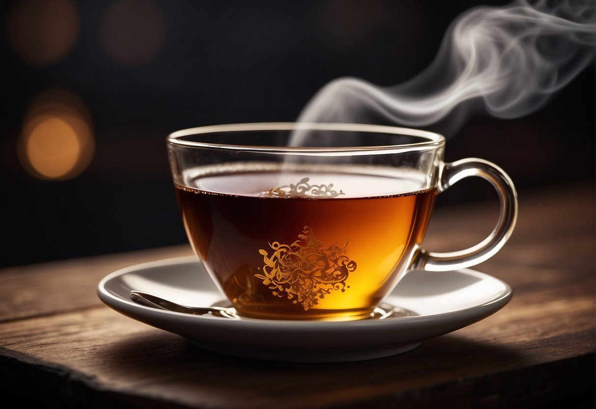 A steaming cup of black tea sits on a wooden table, exuding a rich, robust aroma. The dark amber liquid swirls gently as it is sipped, leaving a lingering bittersweet taste on the palate