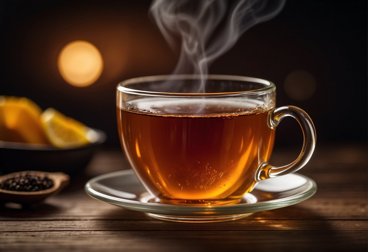 A steaming cup of black tea sits on a wooden table, emitting a rich, earthy aroma. The deep amber liquid swirls gently, promising a robust and slightly astringent taste