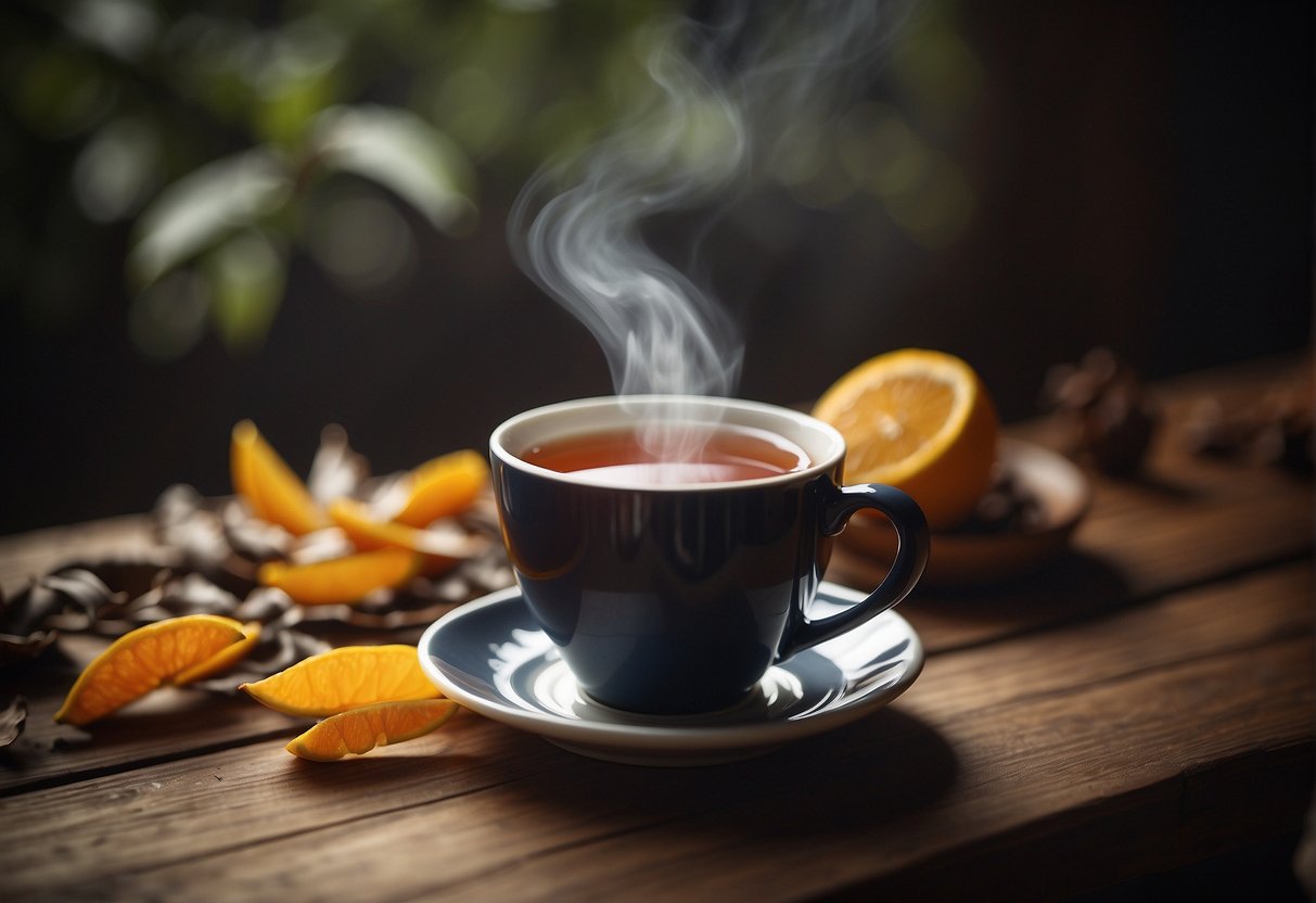A steaming cup of black tea sits on a wooden table, surrounded by dried leaves and a hint of citrus