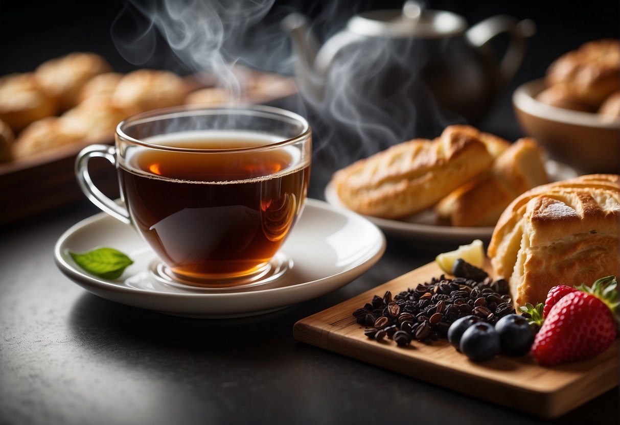 A steaming cup of black tea sits next to a spread of assorted foods, including pastries, fruits, and cheeses. The rich, robust aroma of the tea fills the air, while its deep, malty flavor complements the array of savory