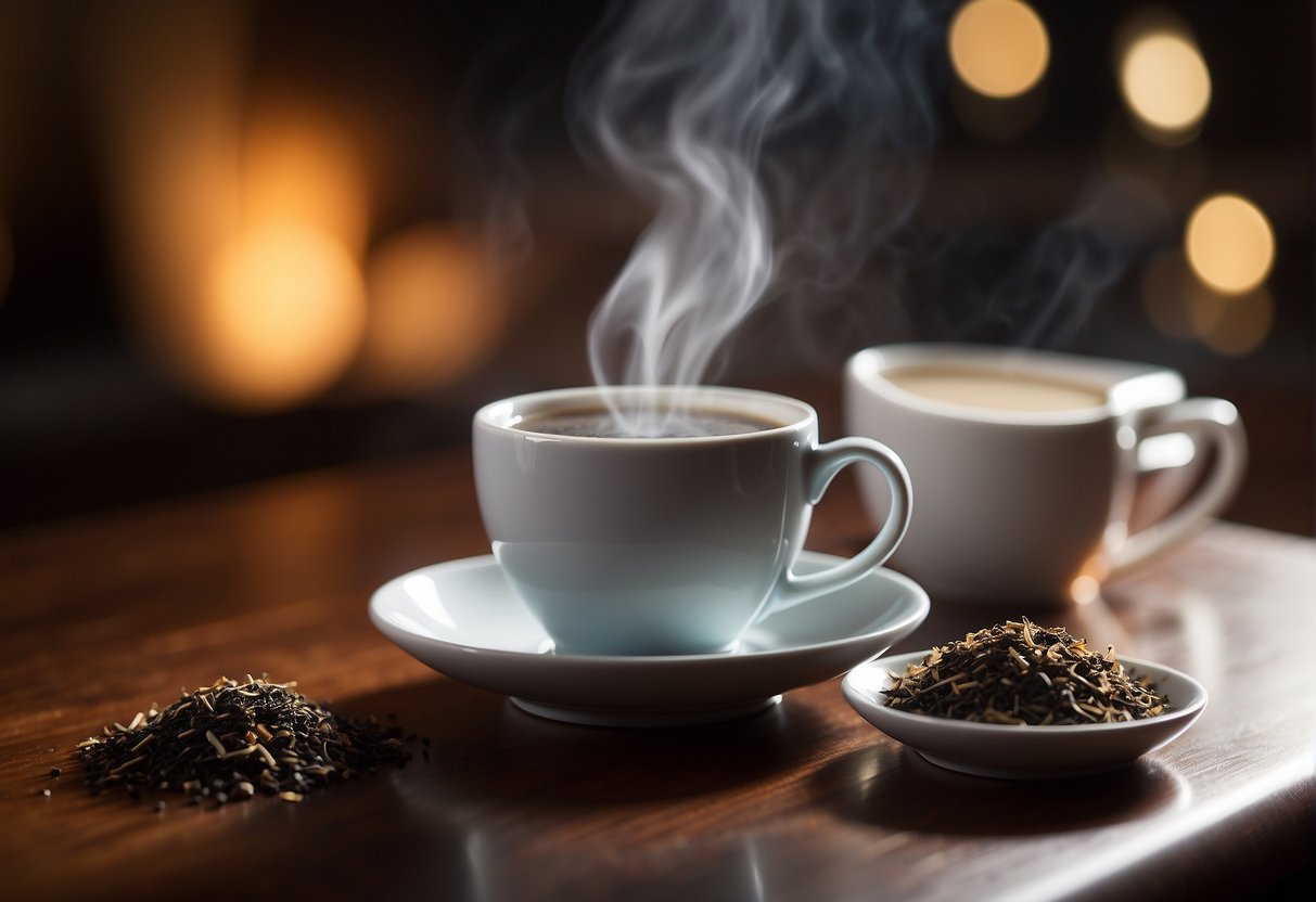 A steaming cup of Earl Grey tea sits next to other teas, highlighting its caffeine content