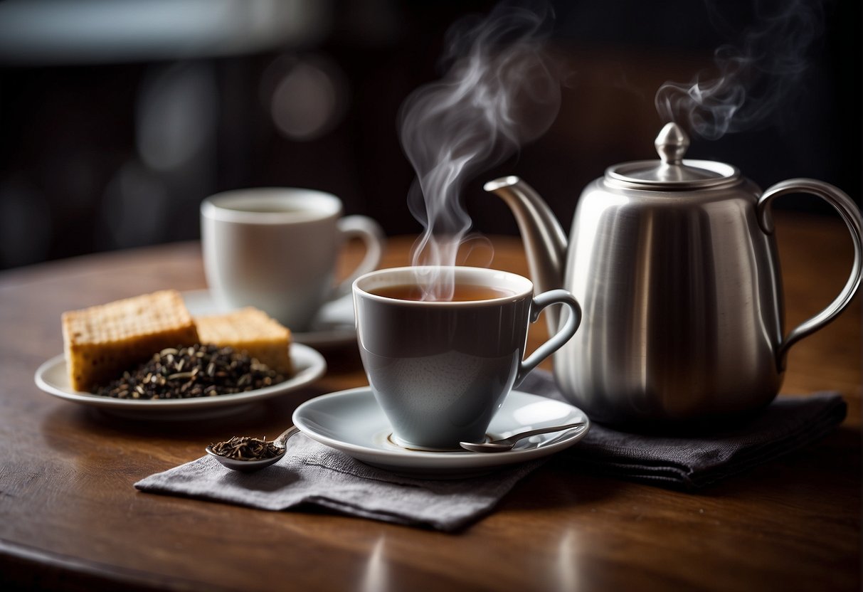 A steaming cup of Earl Grey tea sits on a table, with a tea bag and a spoon nearby. The label on the tea bag indicates the caffeine content