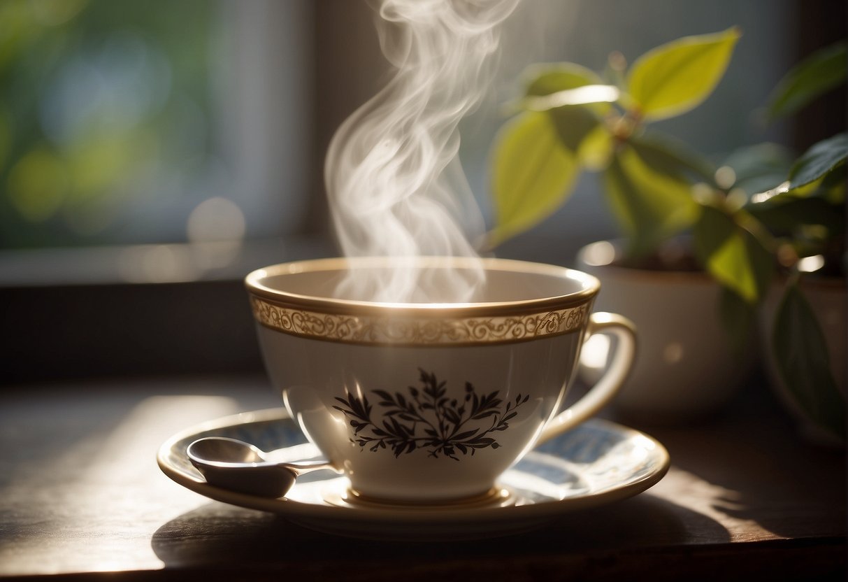 A steaming cup of Earl Grey sits on a saucer, surrounded by loose tea leaves and a teapot. The sunlight filters through a window, casting a warm glow on the scene