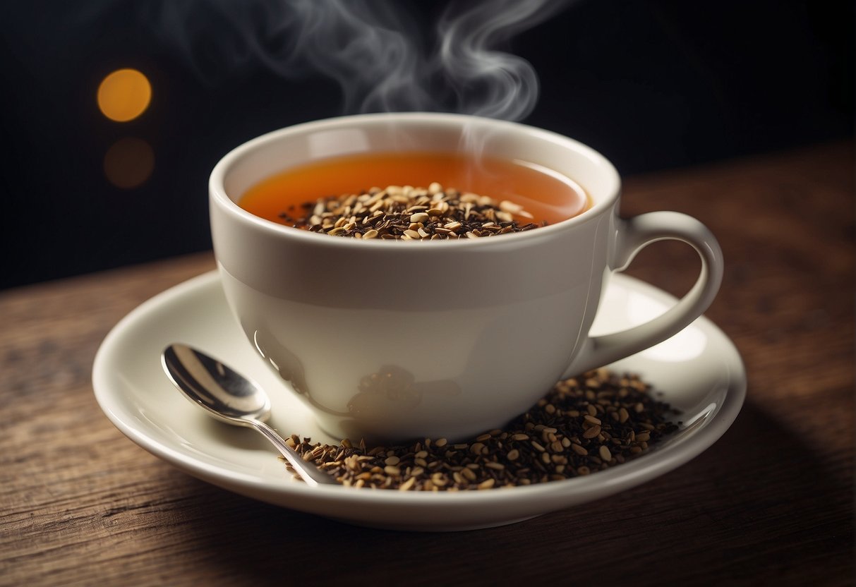 A steaming cup of English breakfast tea with a tea bag and a small spoon next to it, on a saucer with a few crumbs