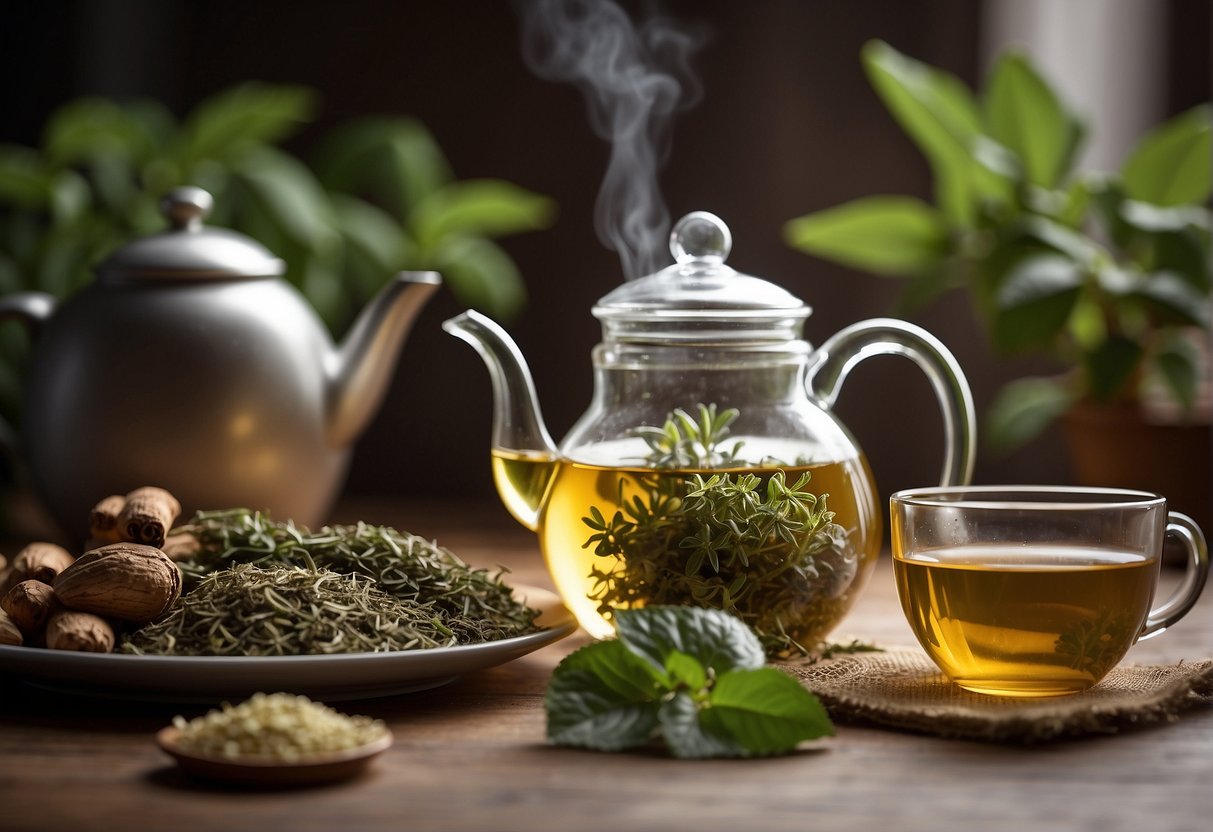 A variety of herbal teas arranged on a table, including peppermint, ginger, and senna, with a steaming teapot in the background