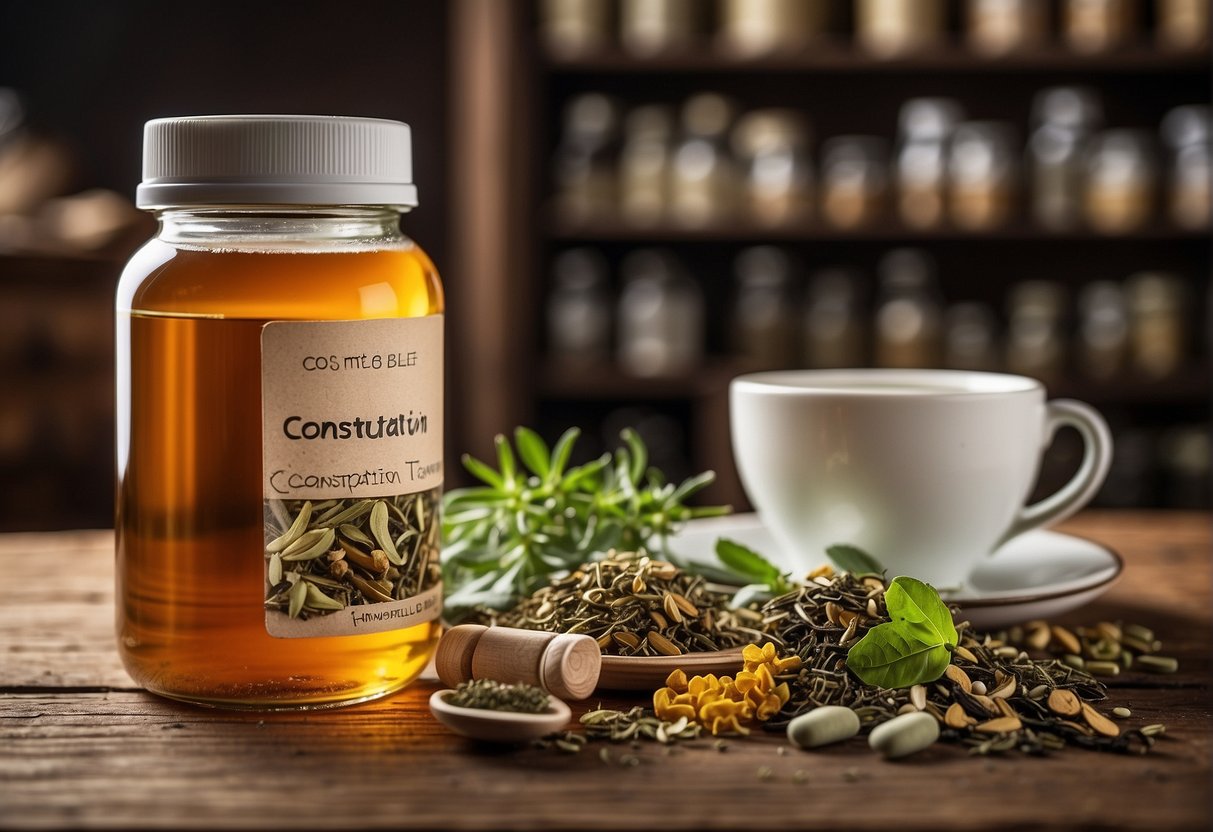 A cup of herbal tea sits on a wooden table, surrounded by various bottles of supplements and alternative remedies. The label on the tea reads "Constipation Relief Blend."