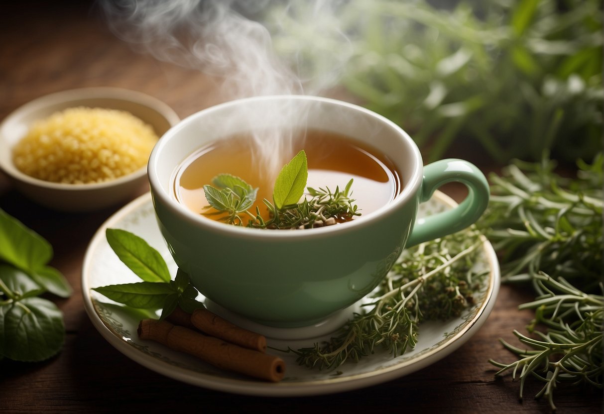 A steaming cup of herbal tea surrounded by a variety of soothing herbs and ingredients, with a prominent "Constipation Relief" label