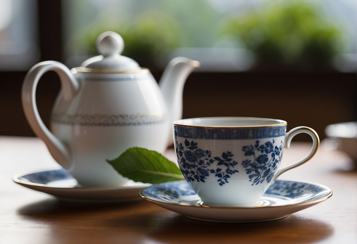 A used tea bag is placed on a saucer next to a teacup. The teapot and a stack of clean teacups are in the background