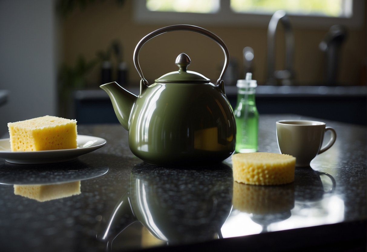 A tea pot sits on a kitchen counter. A sponge and dish soap are nearby. Steam rises as the pot is scrubbed clean