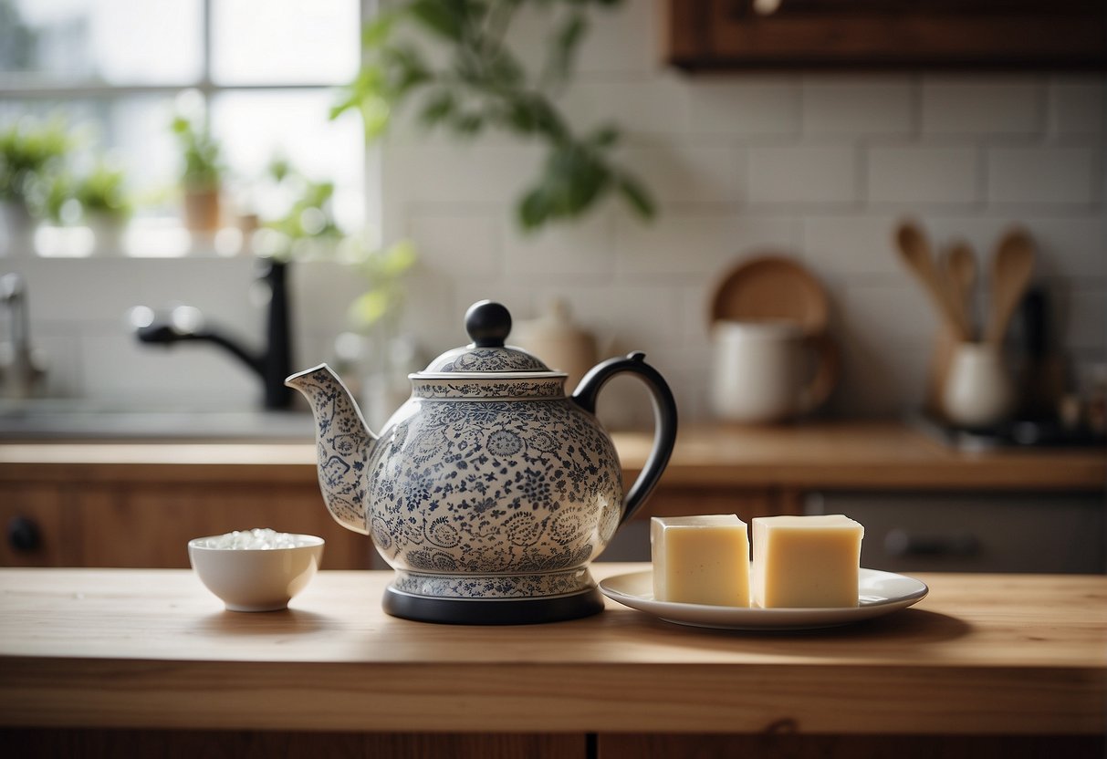 A tea pot sits on a clean, clutter-free kitchen counter. A damp cloth and gentle soap are nearby, along with a soft-bristled brush for removing any stubborn stains