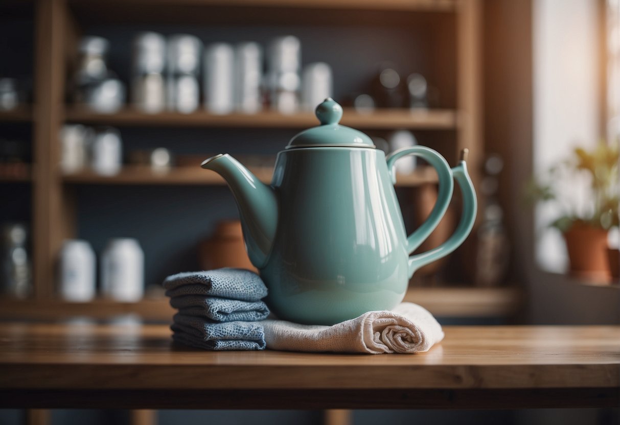 A tea pot being placed on a shelf, surrounded by cleaning supplies and a cloth