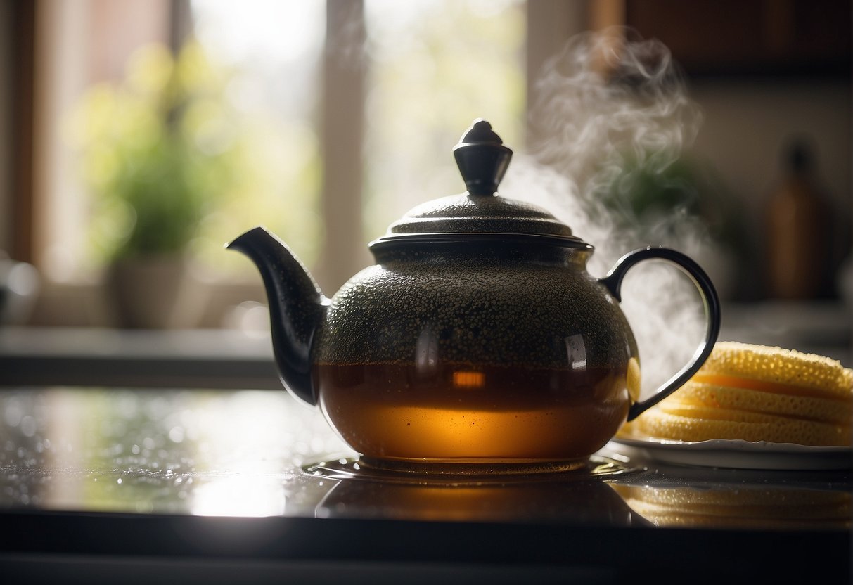 A tea pot being gently scrubbed with a sponge and soapy water, steam rising as it dries on a kitchen counter