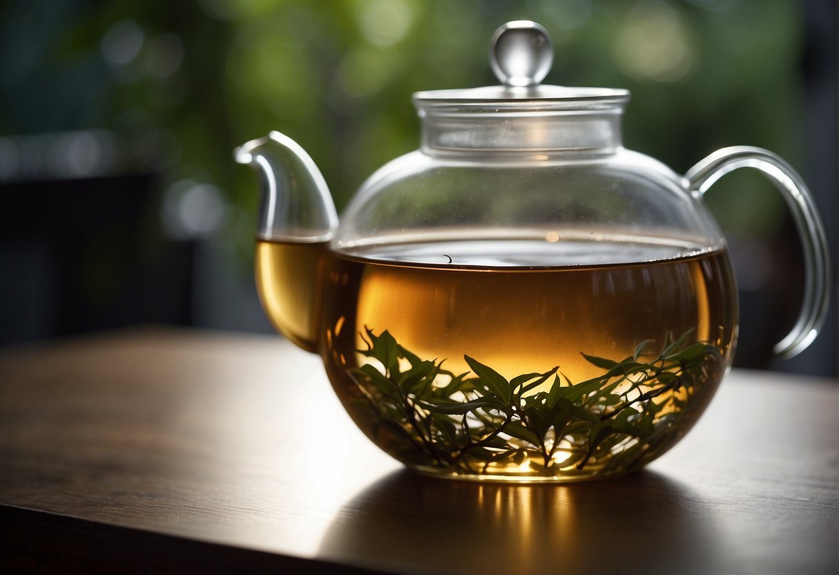 Boiling water poured over loose tea leaves in a teapot. Leaves steeping, swirling in hot water. Teapot lid closed, steeping for recommended time