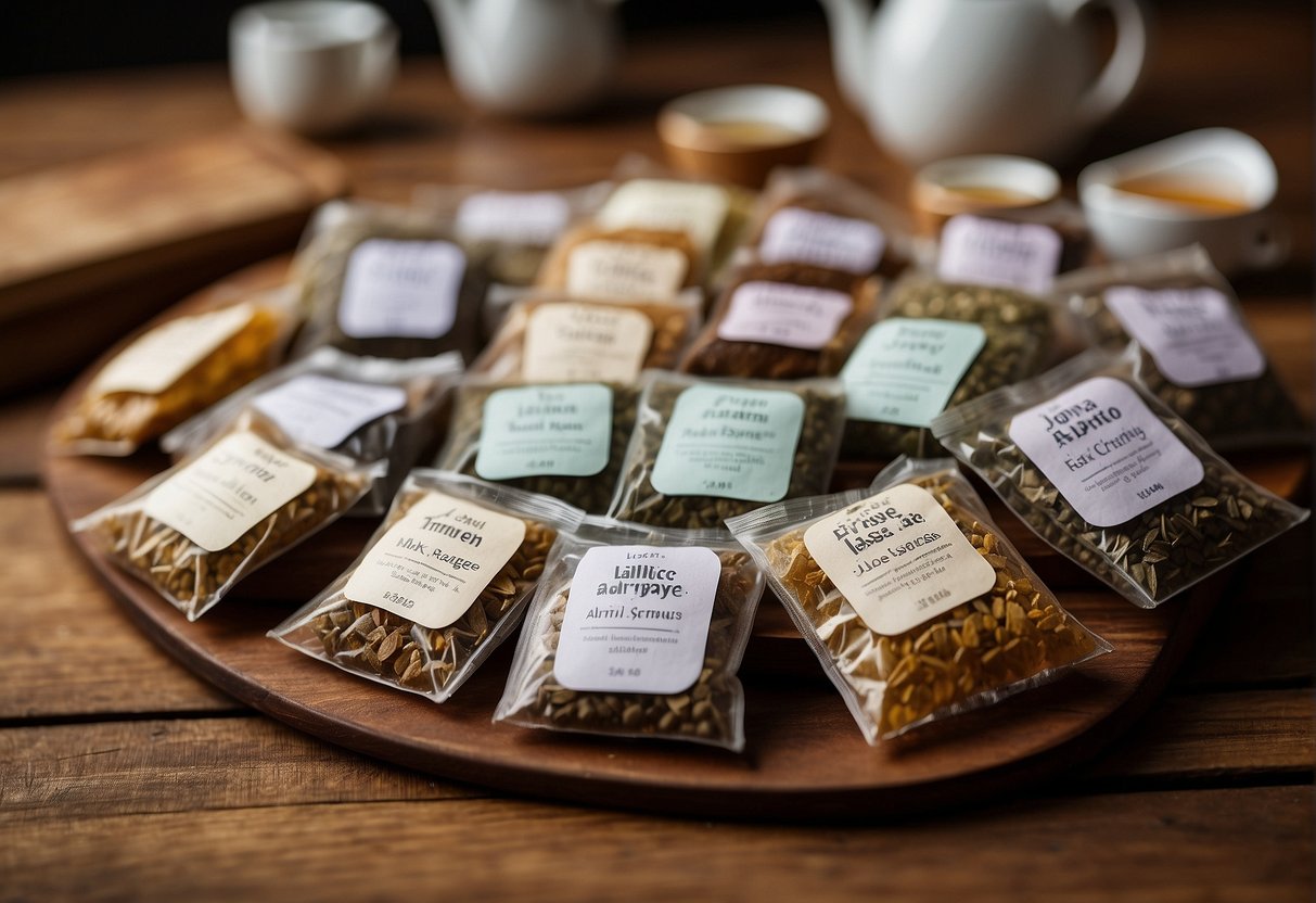 A variety of tea bags arranged on a wooden surface, with labels indicating different types of tea known to help alleviate sciatica pain
