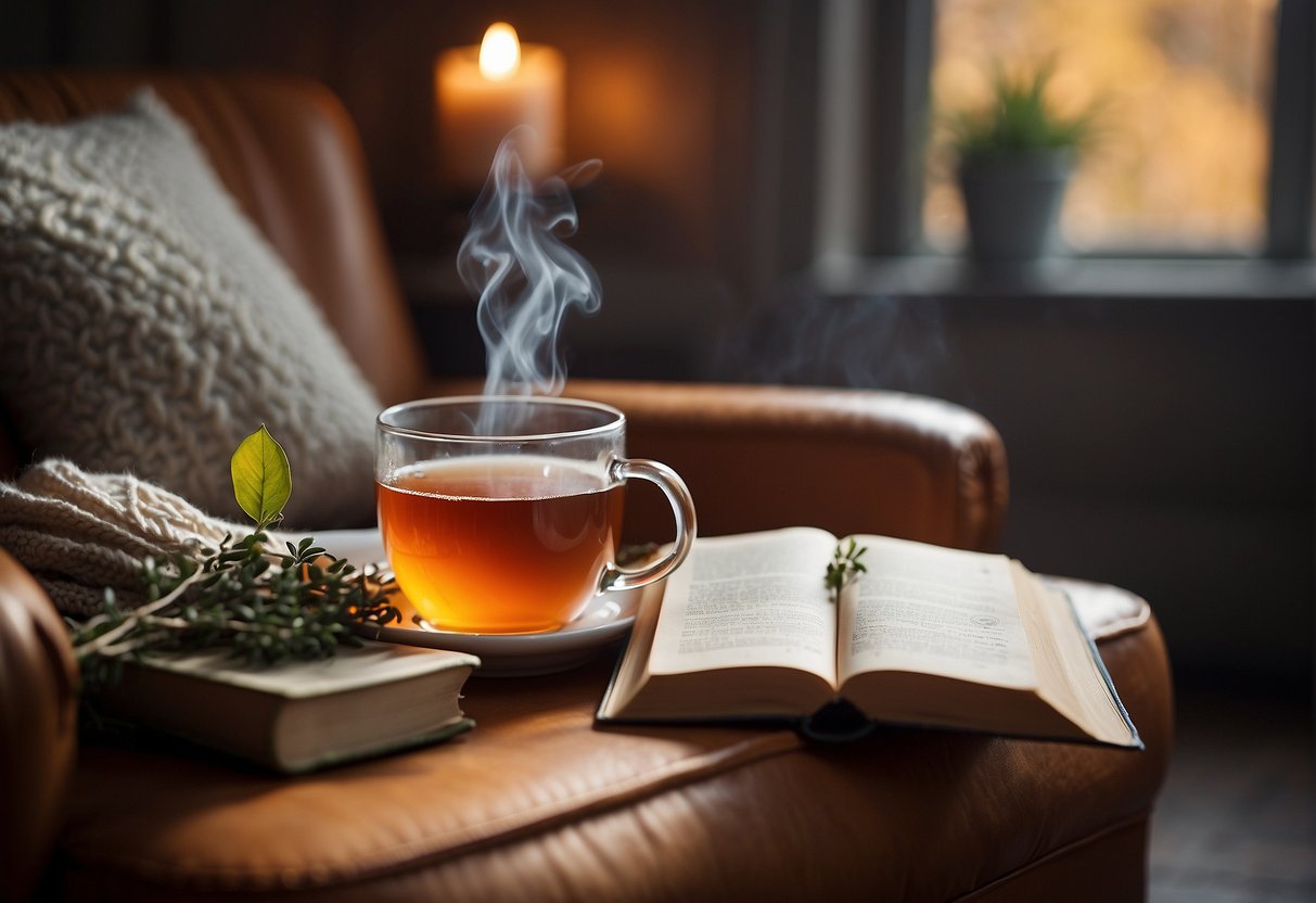 A steaming cup of tea sits next to a heating pad on a cozy chair, with a book on natural remedies open to the page on how tea can help relieve sciatica pain