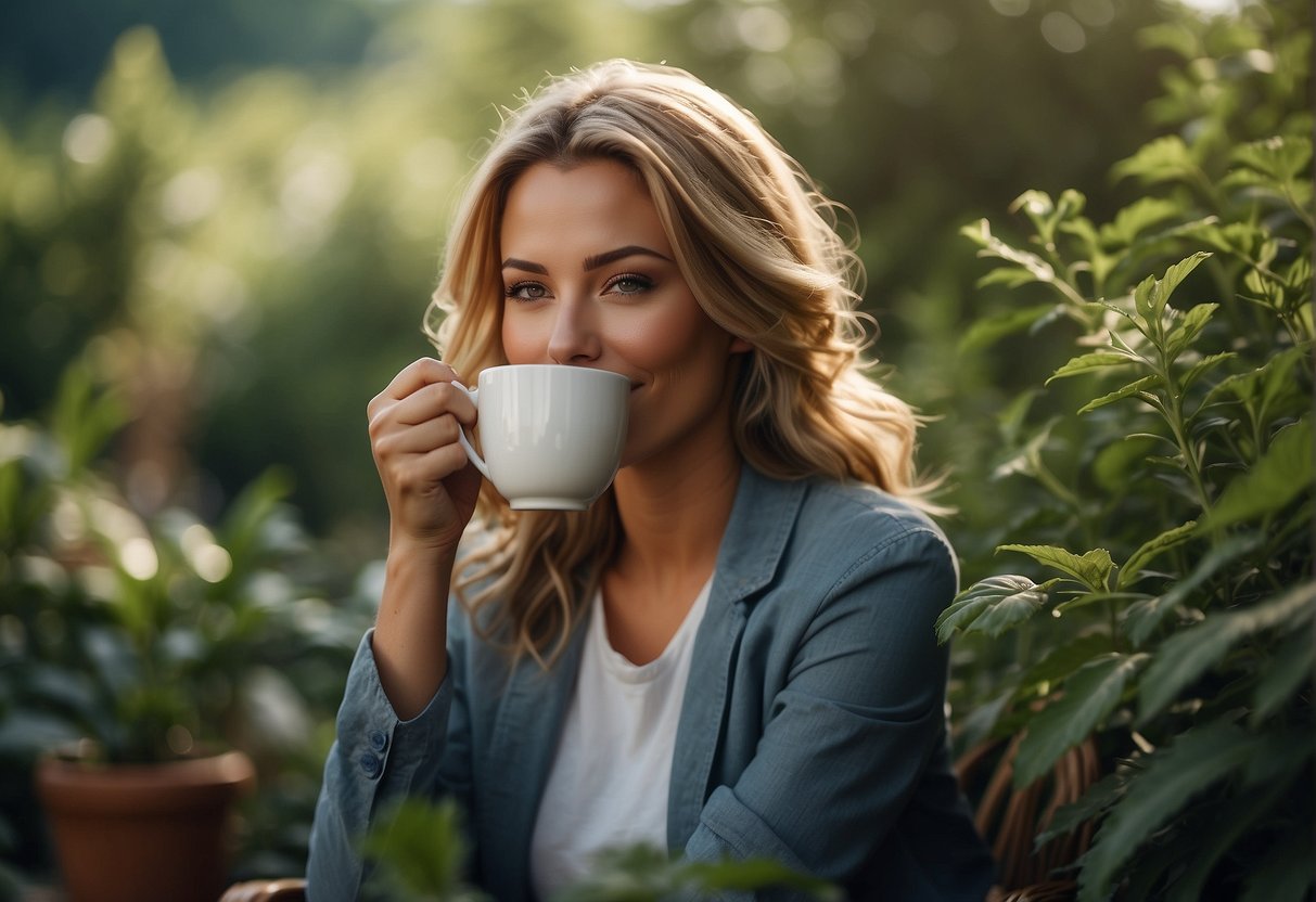 A person sipping on a cup of herbal tea with a soothing expression, surrounded by plants and natural elements